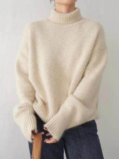 Turtleneck Dropped Shoulder Long Sleeve Sweater for Women