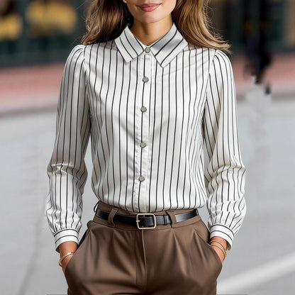 Black And White Striped Silky Satin Lapel Shirt
