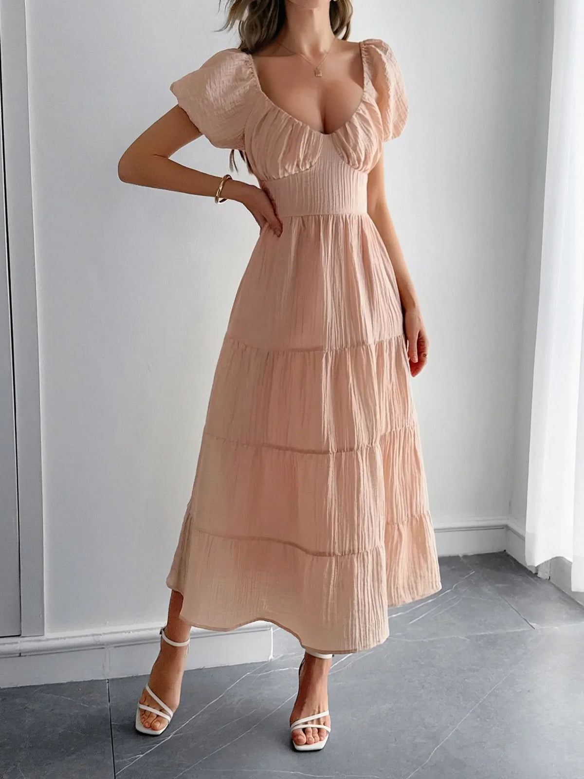 Backless Tiered Puff Sleeve Midi Dress