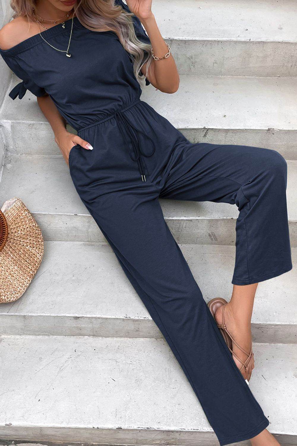 Perfee Off-Shoulder Tie Cuff Jumpsuit with Pockets