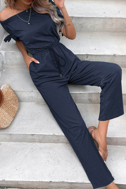 Perfee Off-Shoulder Tie Cuff Jumpsuit with Pockets