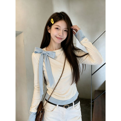 Light Blue Long-sleeved Blouse With A Bow For Women
