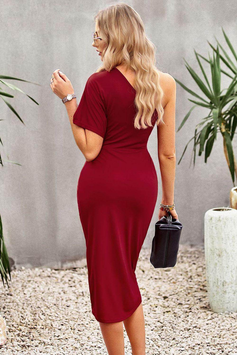 Devine Ruched One-Shoulder Tulip Hem Dress for Women