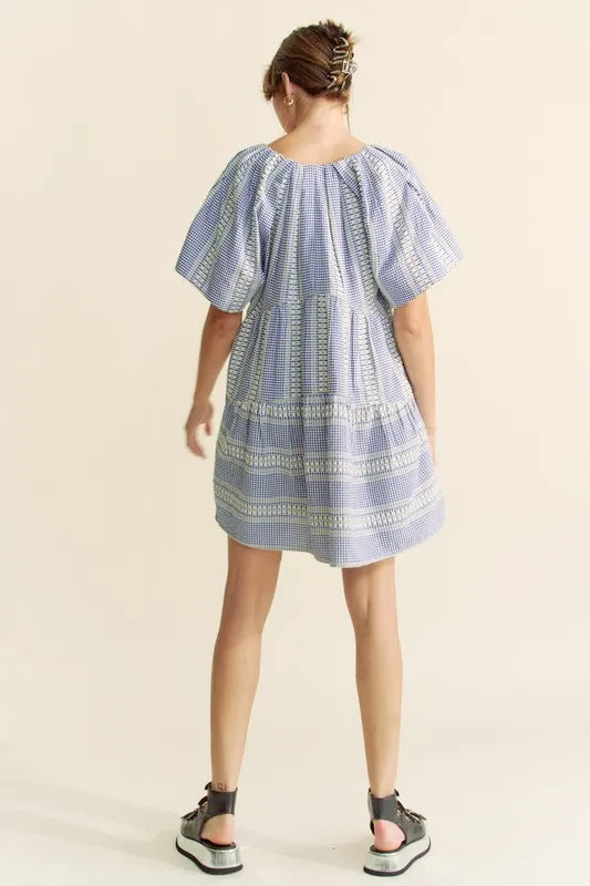Davi &amp; Dani Embroidered Stripe Ruffled Gingham Mini Dress