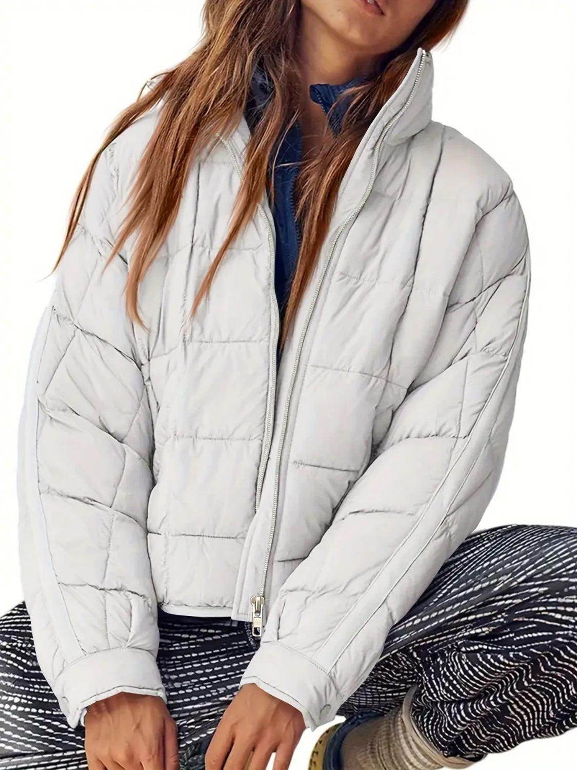 Pocketed Plaid Quilted Zip Up Winter Coat for Women