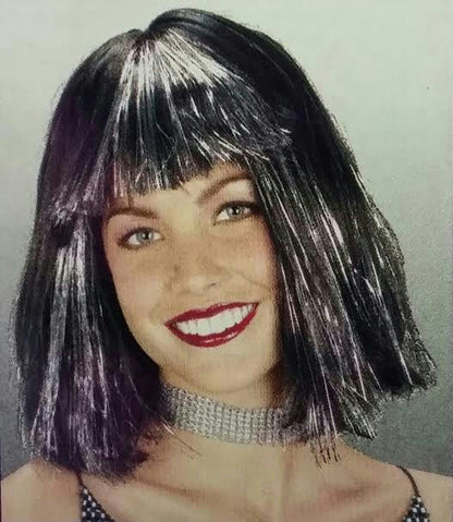 Black Silver Tinsel Bob Wig With Bangs Sparkle Cleopatra