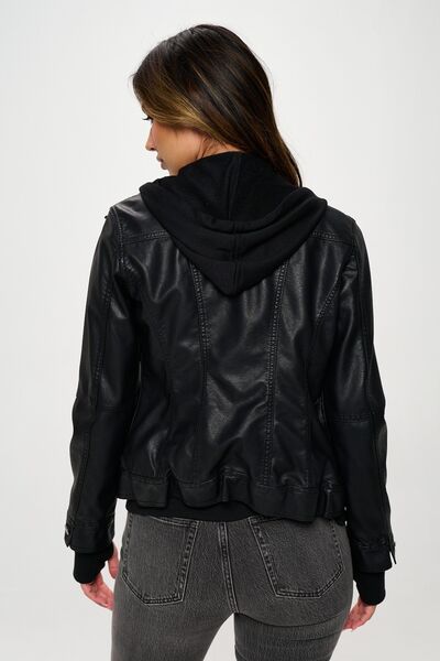 Black Double Zip Hooded Long Sleeve Jacket Modern &amp; Functional Vegan Leather Outerwear
