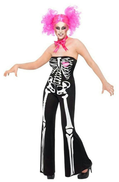 Womens Sassy Skeleton Adult Costume Jumpsuit and Neck Tie Size XS