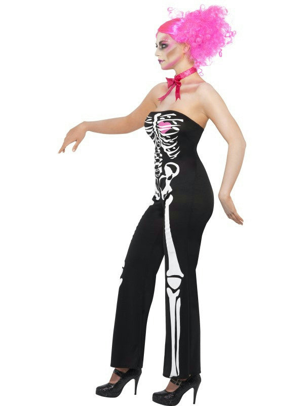Womens Sassy Skeleton Adult Costume Jumpsuit and Neck Tie Size XS