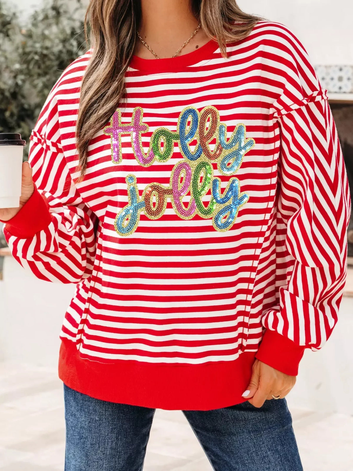 Stripe Holly Jolly Sequin Graphic Drop Shoulder Long Sleeve Top