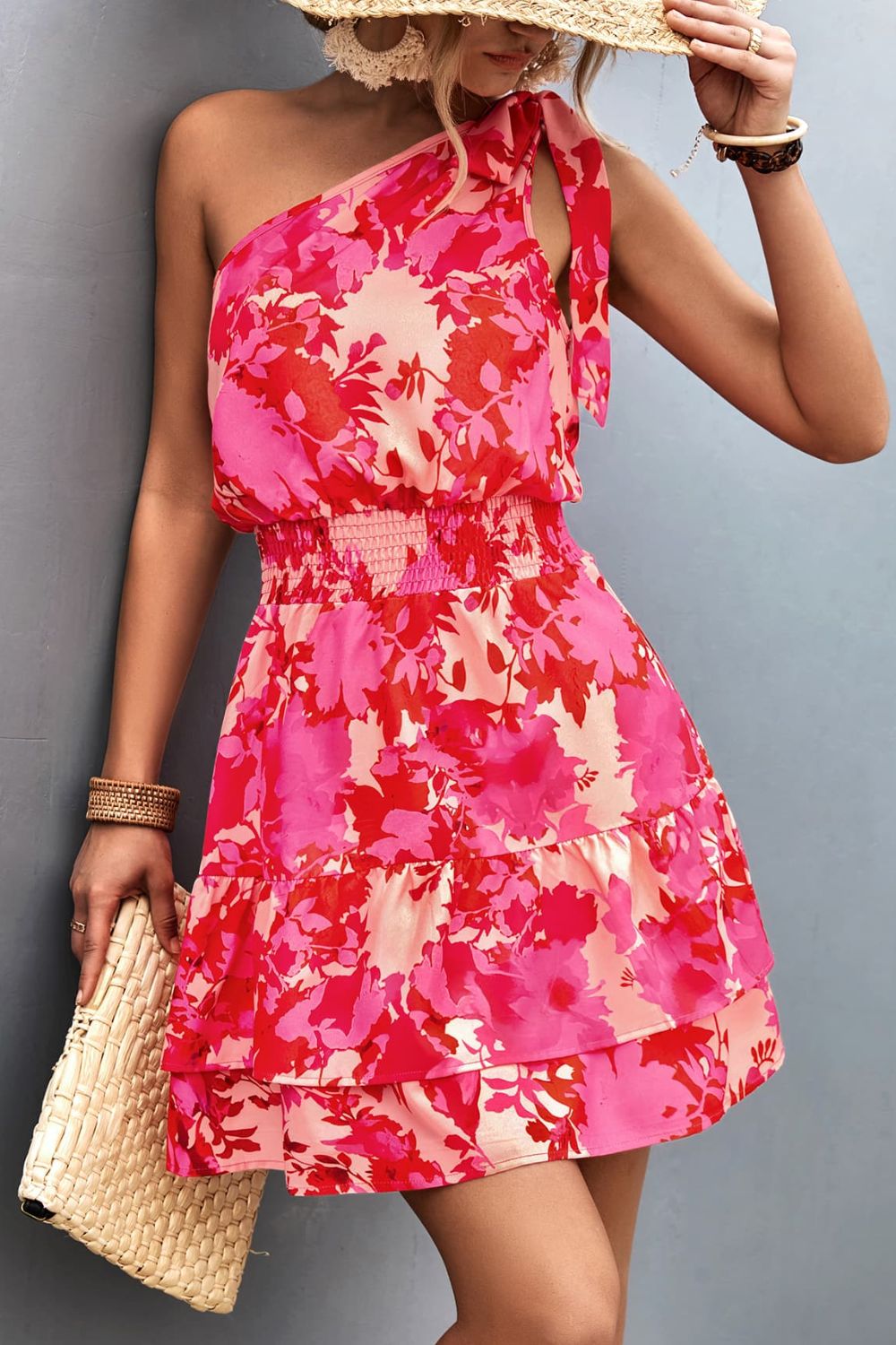 Pink Smocked Printed Single Shoulder Dress Feminine &amp; Flattering Summer Style Dresses