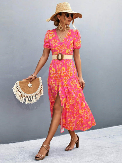V-Neck Short Sleeve High Slit Midi Dress for Chic Style