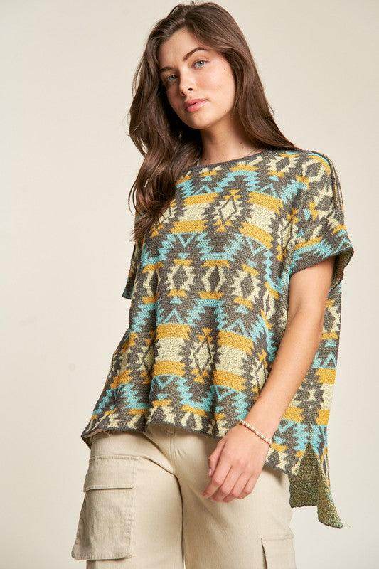 Davi &amp; Dani High-Low Geometric Round Neck Knit Top Stylish