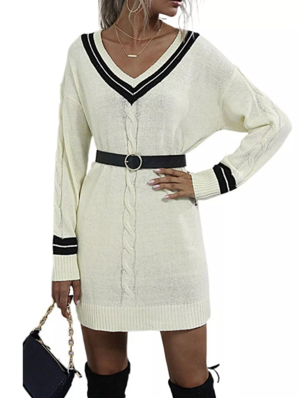 V-Neck Striped Trim Cable Knit Sweater Dress