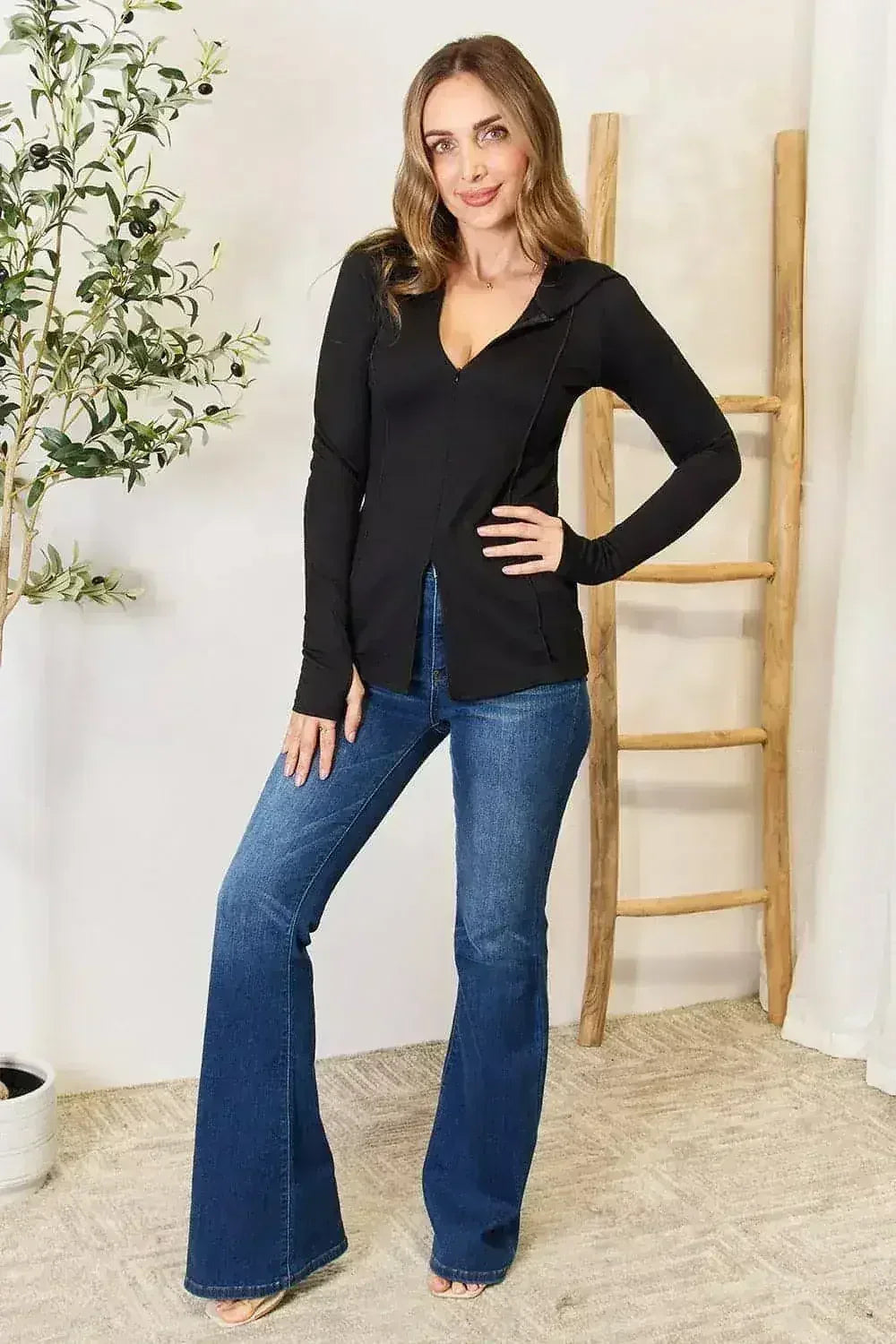 Black Exposed Seam Hoodie - Edgy Long Sleeve Design | Femstylo