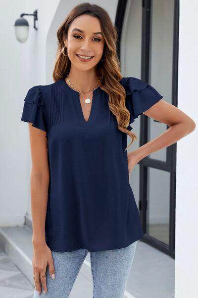 Ruffled Notched Short Sleeve Blouse for Women Stylish Wear