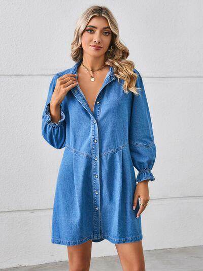 Button Up Flounce Sleeve Mini Denim Dress for Women