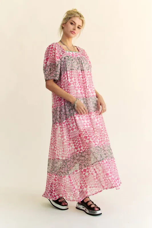 Davi &amp; Dani Multi Floral Square Neck Puff Sleeve Maxi Dress