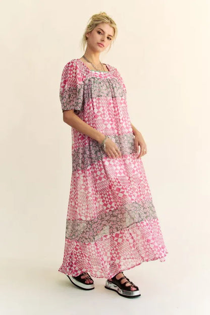Davi &amp; Dani Multi Floral Square Neck Puff Sleeve Maxi Dress