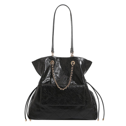 Preppy-style Oil-waxed Leather Quilted Chain Backpack For Women