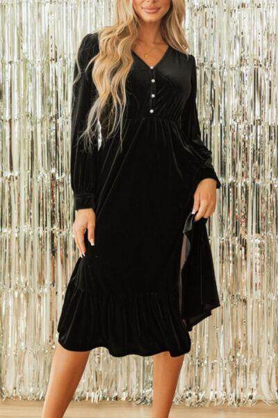 Ruffle Hem Slit V-Neck Long Sleeve Dress for Women