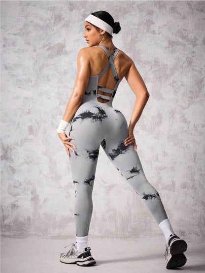 Back Crisscross Tie-Dye Scoop Neck Active Jumpsuit
