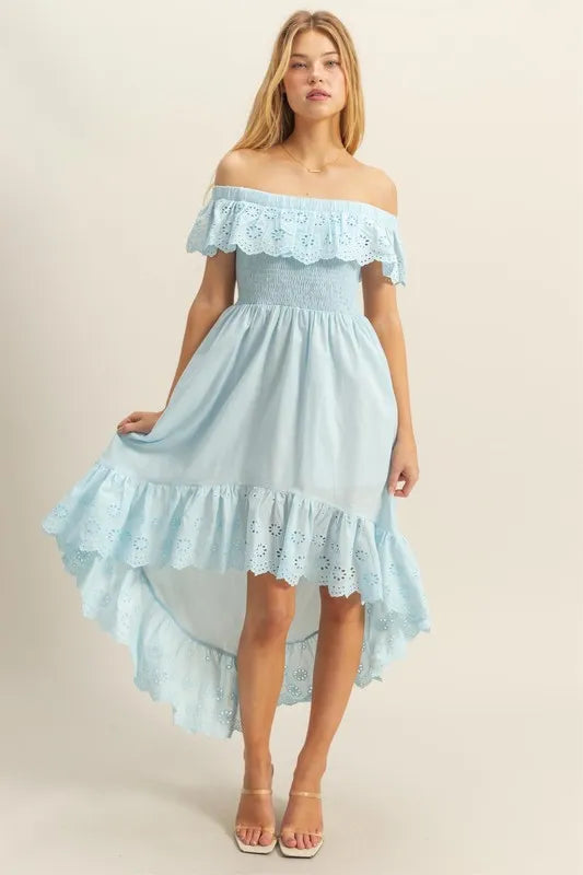 HYFVE High-Low Eyelet Ruffled Off-Shoulder Dress