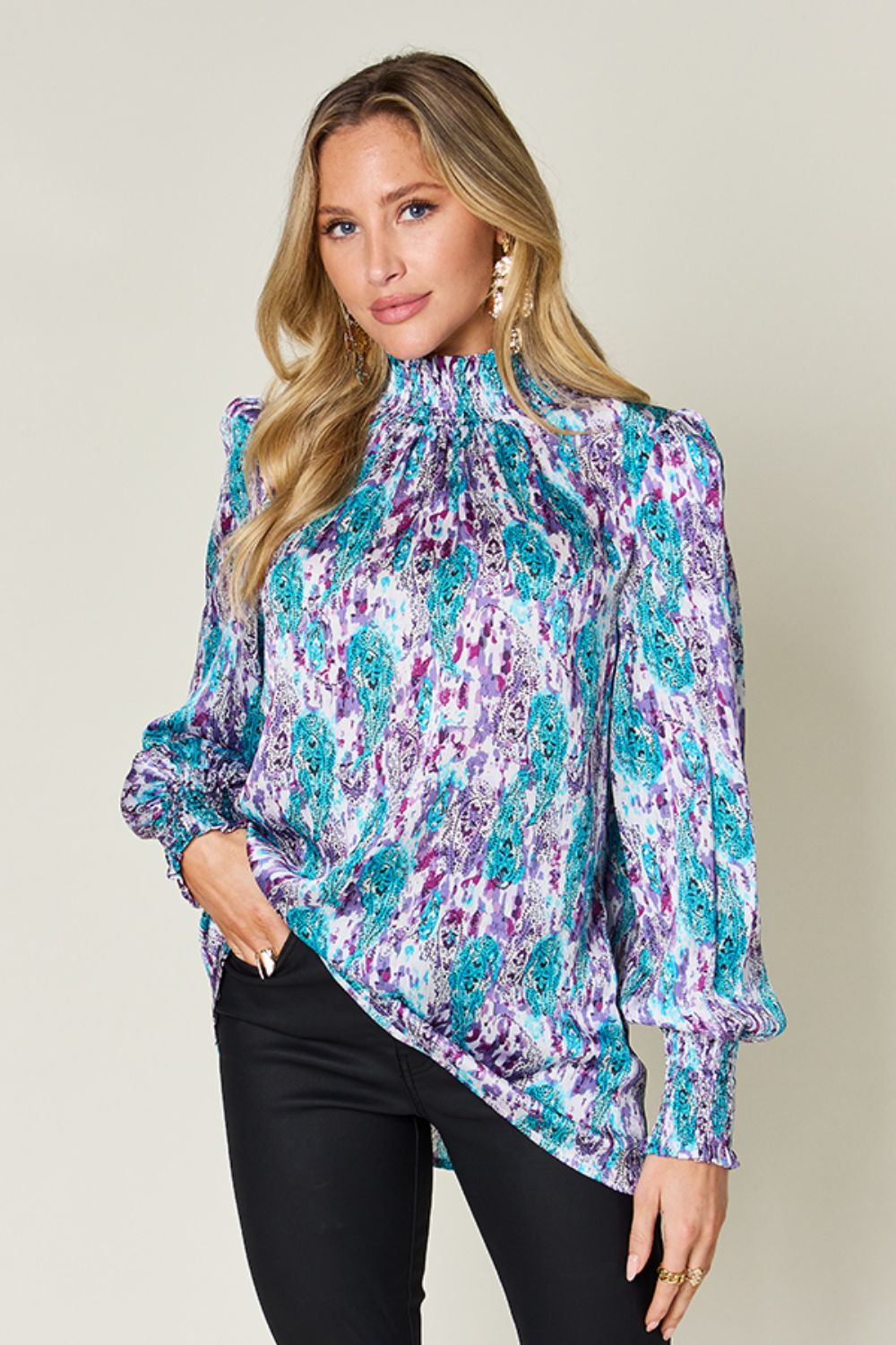 Semi-Sheer Smocked Top with Long Sleeves &amp; Frills
