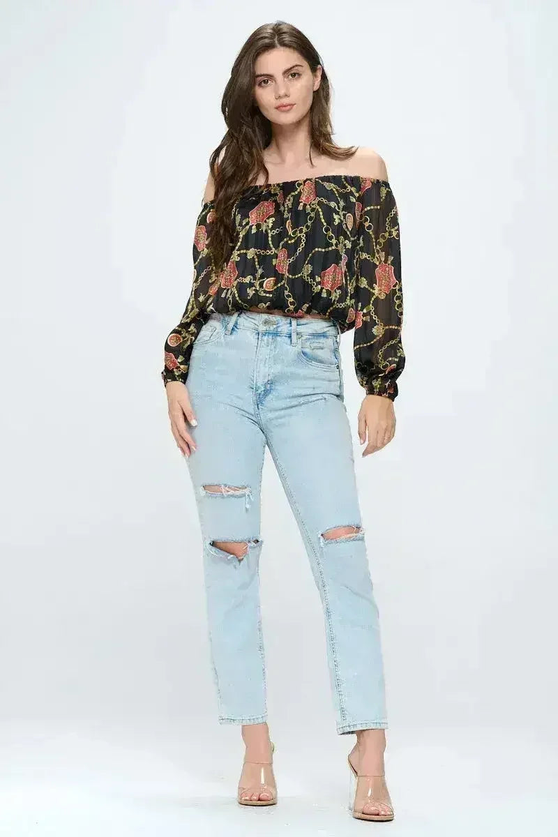 Off-Shoulder Chain Print Crop Top - Red &amp; Black Chiffon Blouse - Femstylo