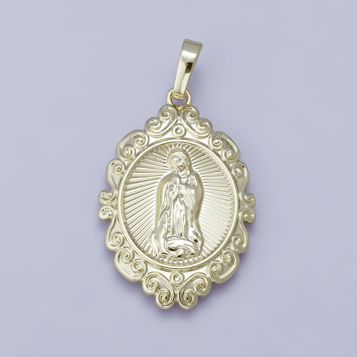 24K, 14K Gold Filled Miraculous Mother Mary Sunburst Artisan Religious Figure Pendant | H278