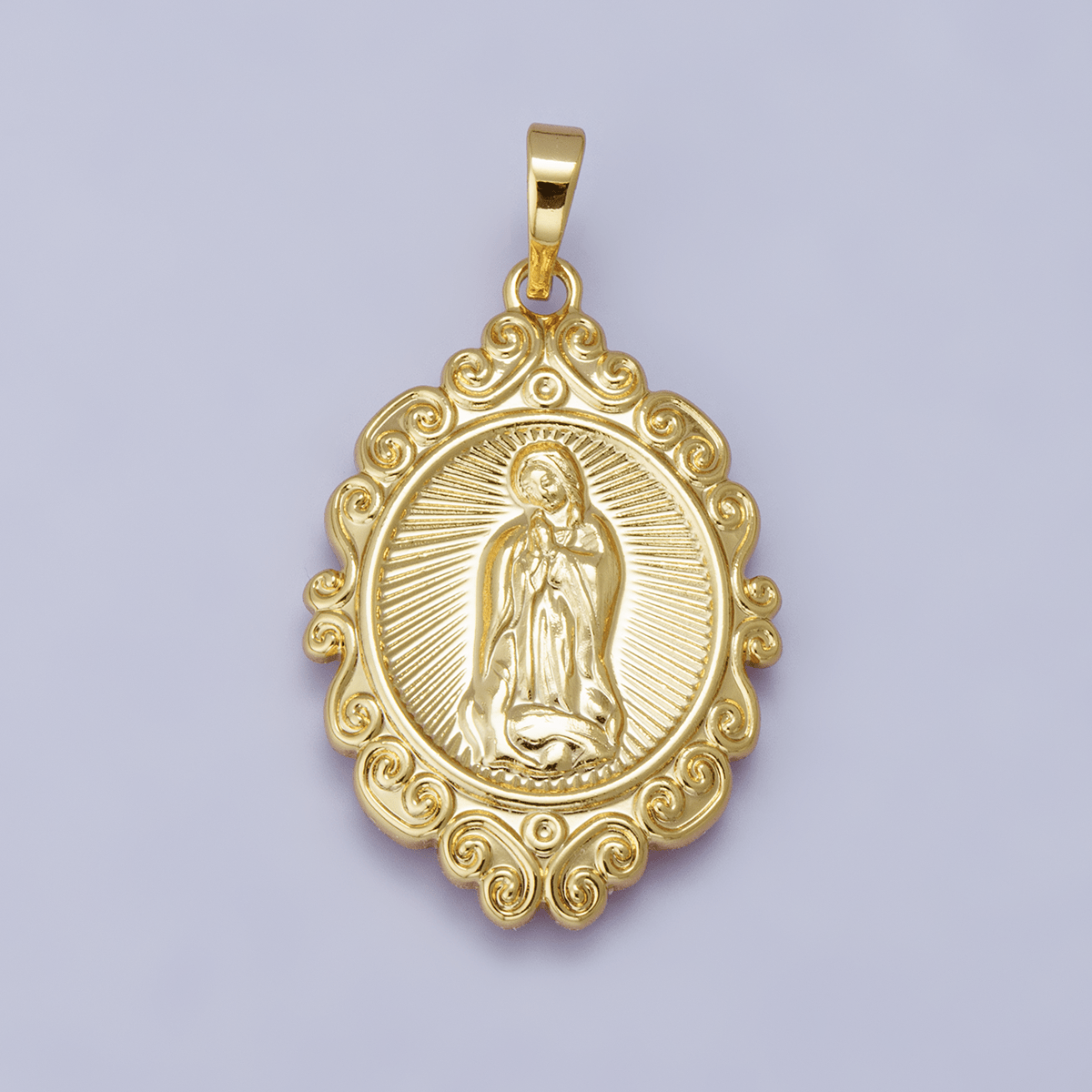 24K, 14K Gold Filled Miraculous Mother Mary Sunburst Artisan Religious Figure Pendant | H278