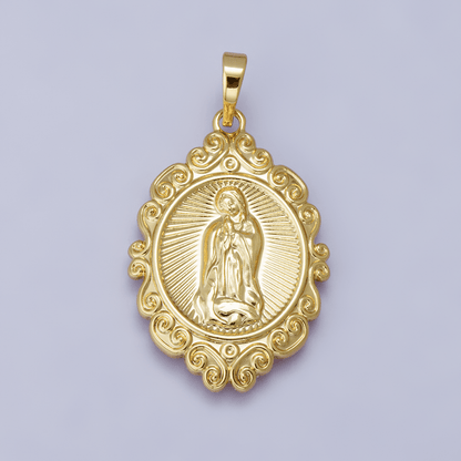 24K, 14K Gold Filled Miraculous Mother Mary Sunburst Artisan Religious Figure Pendant | H278