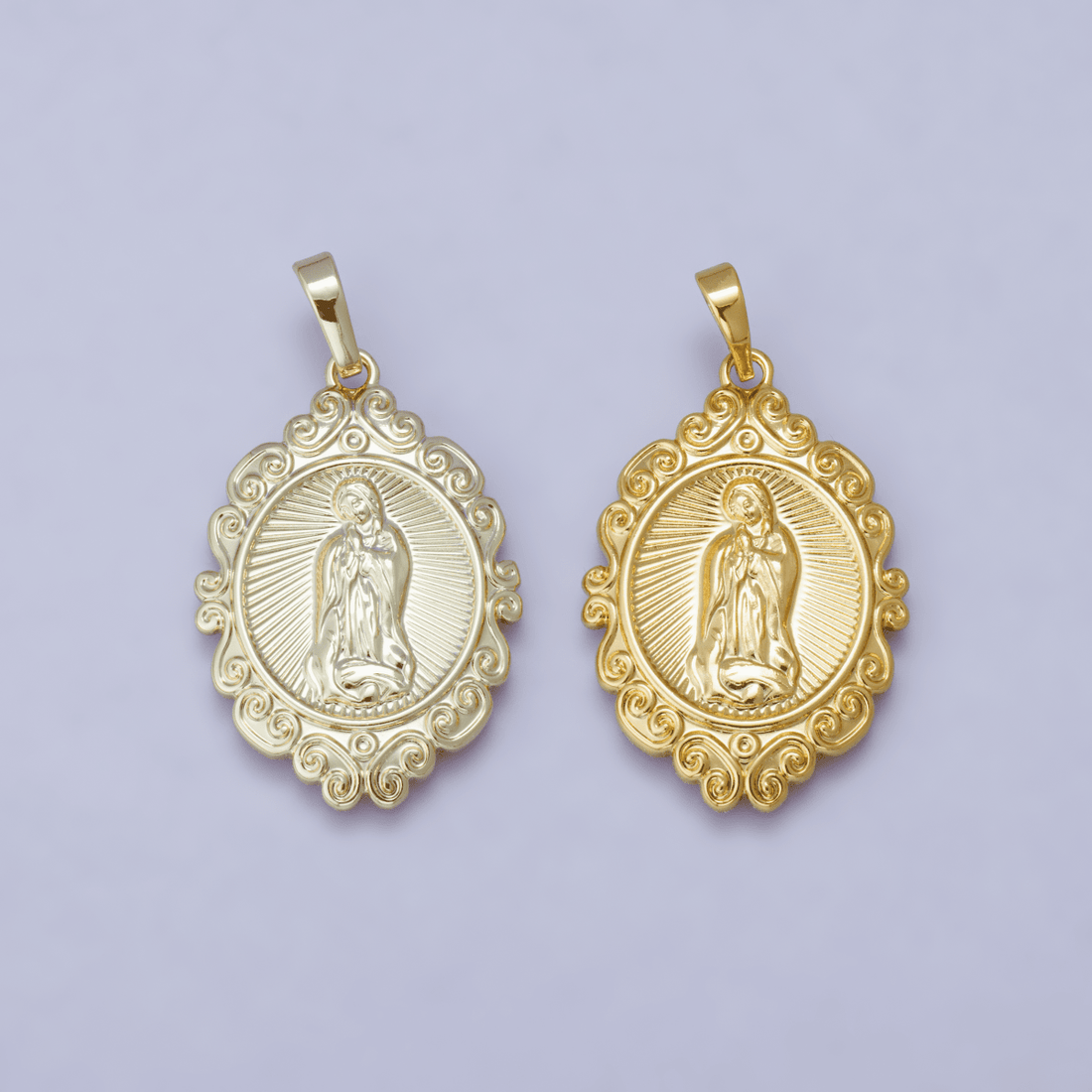 24K, 14K Gold Filled Miraculous Mother Mary Sunburst Artisan Religious Figure Pendant | H278