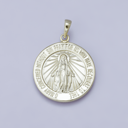 24K, 18K, 14K Gold Filled 29mm Holy Virgin Mary Round Medallion Religious Pendant | H00450