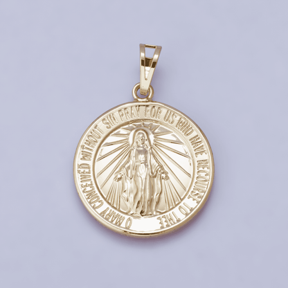24K, 18K, 14K Gold Filled 29mm Holy Virgin Mary Round Medallion Religious Pendant | H00450