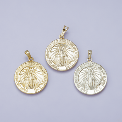 24K, 18K, 14K Gold Filled 29mm Holy Virgin Mary Round Medallion Religious Pendant | H00450