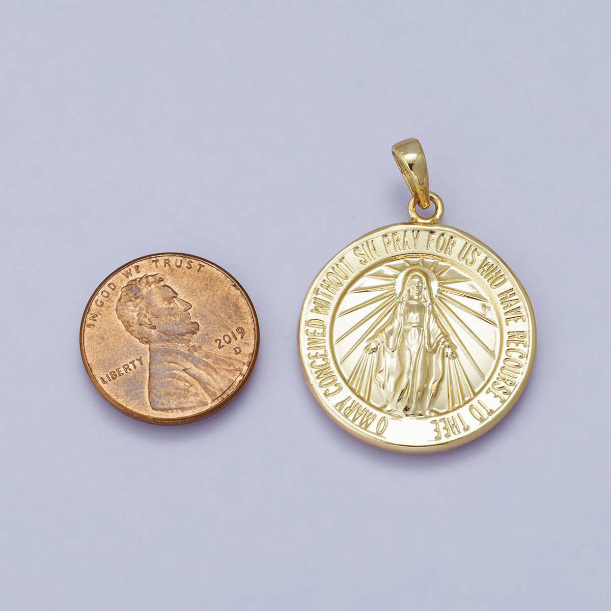 24K, 18K, 14K Gold Filled 29mm Holy Virgin Mary Round Medallion Religious Pendant | H00450