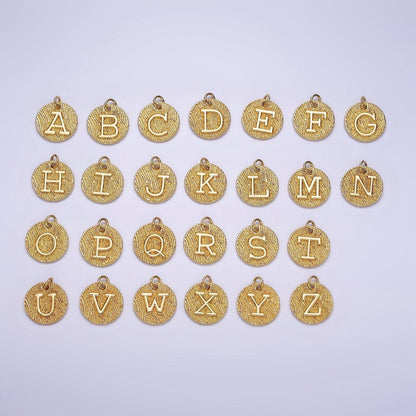 24K Gold Alphabet Charms, English Letter Pendants 15mm Initial Coin Pendants | A-A1119-A-A1131