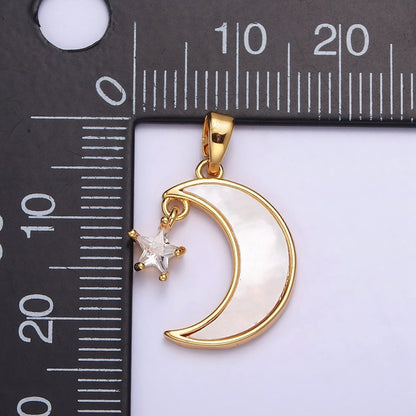 24K Gold Filed Celestial Crescent Moon Shell Pearl Star CZ Pendant | AA587