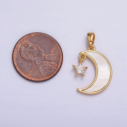 24K Gold Filed Celestial Crescent Moon Shell Pearl Star CZ Pendant | AA587