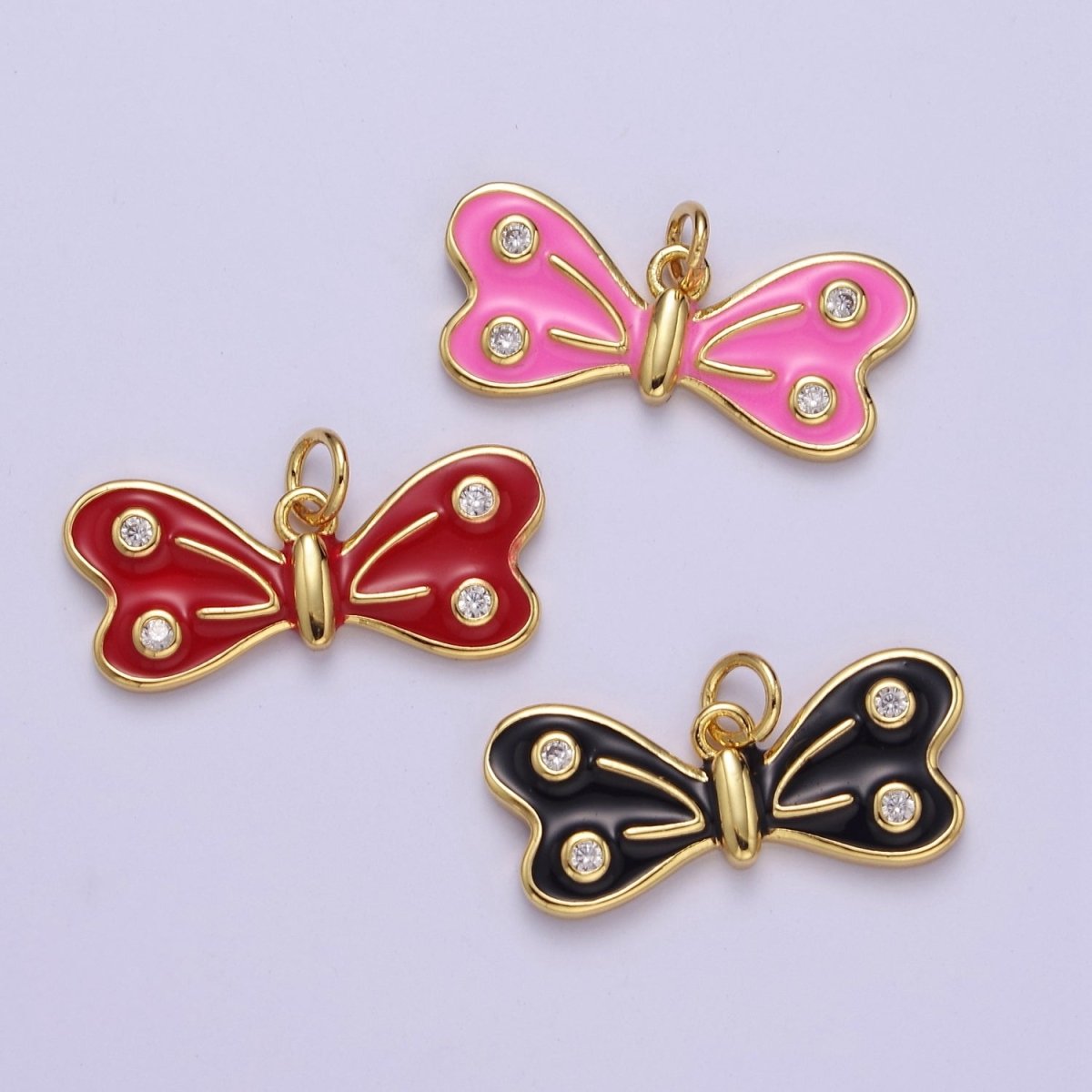 24K Gold Filled 14mm Black, Red, Pink Enamel CZ Dotted Charm | E765 - E767