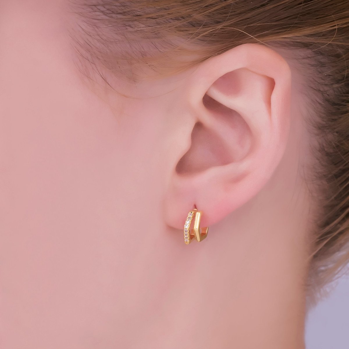24K Gold Filled 10.5mm Micro Paved CZ Geometric Claw Cartilage C-Shaped Hoops Earrings | AI462