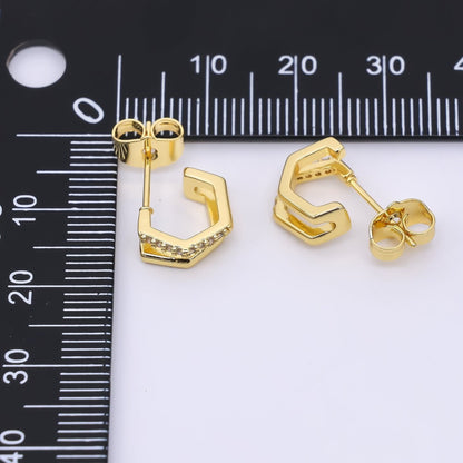 24K Gold Filled 10.5mm Micro Paved CZ Geometric Claw Cartilage C-Shaped Hoops Earrings | AI462
