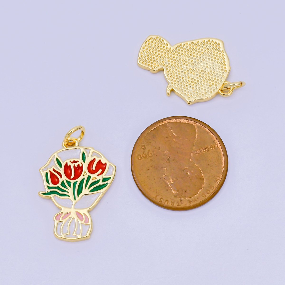 24K Gold Filled 15mm Red Rose Flower Bouquet Enamel Charm | AH642