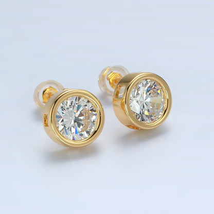 24K Gold Filled 10mm Clear CZ Round Bezel Stud Earrings | P538