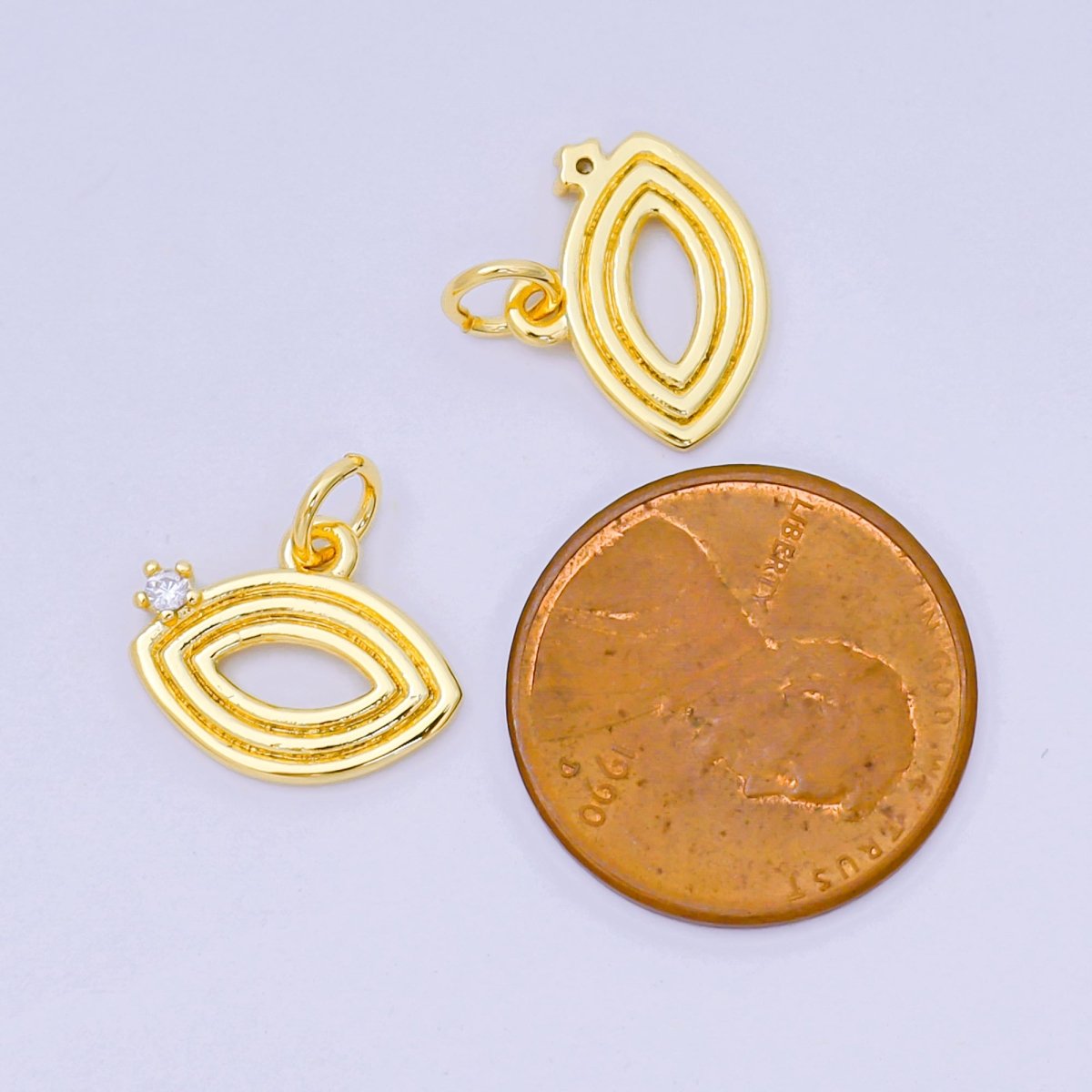 24K Gold Filled 11mm Clear CZ Open Ribbed Navette Geometric Charm | AH640
