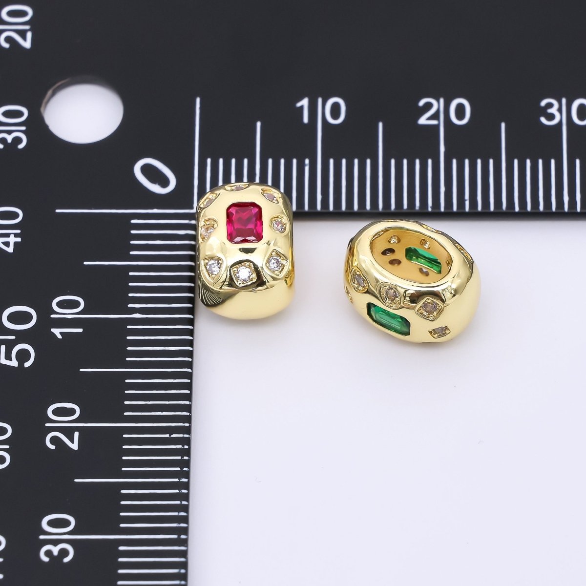 24K Gold Filled 11mm Fuchsia, Green Baguette CZ Dotted Rondelle Spacer Bead | B916