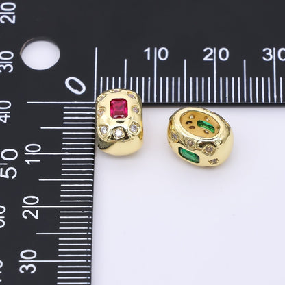 24K Gold Filled 11mm Fuchsia, Green Baguette CZ Dotted Rondelle Spacer Bead | B916