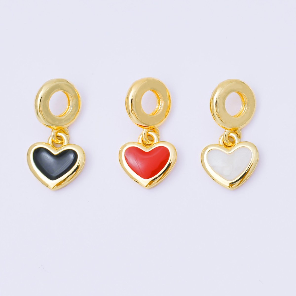 24K Gold Filled 11mm Black, White, Red Enamel Bezel Heart Drop Rondelle Charm | AC1630 AH636