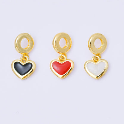 24K Gold Filled 11mm Black, White, Red Enamel Bezel Heart Drop Rondelle Charm | AC1630 AH636